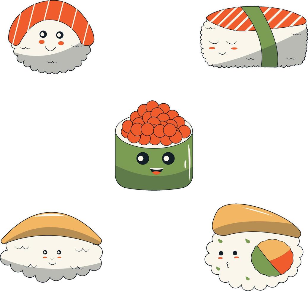 kawaii Sushi Illustration. Karikatur Charakter Sammlung. vektor