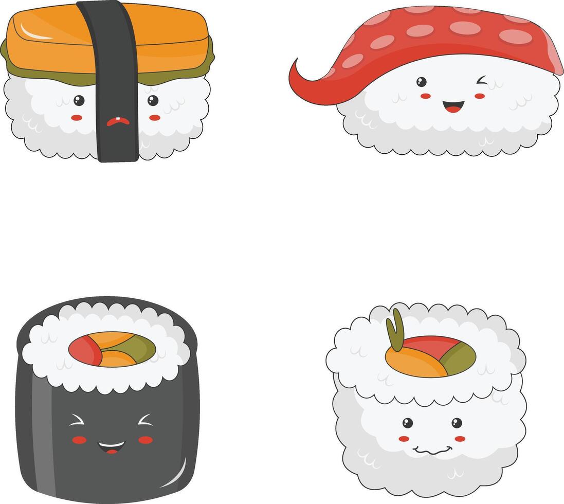 kawaii Sushi Illustration auf Weiß Hintergrund. Karikatur Charakter Sammlung. vektor