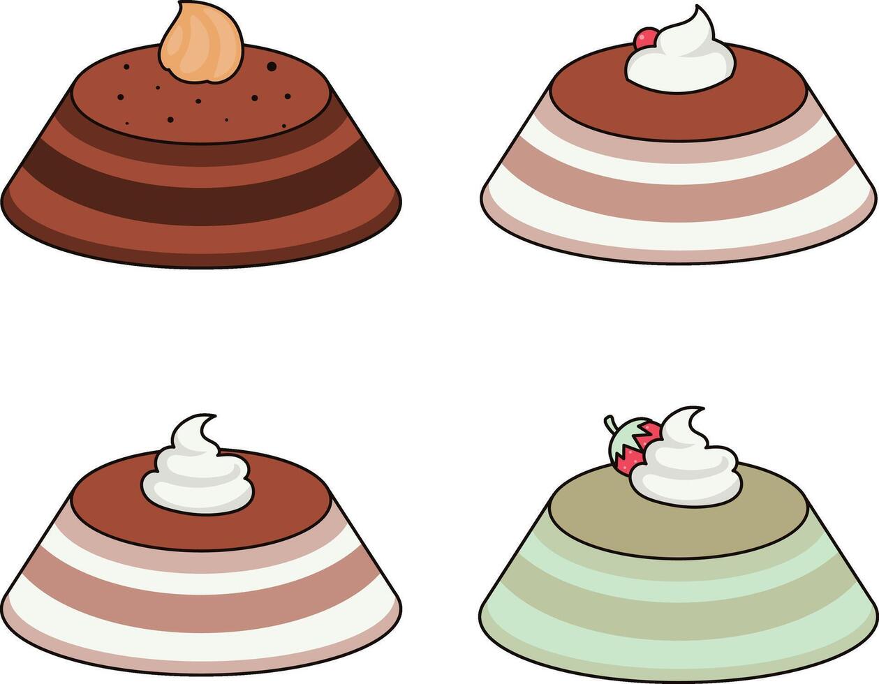ljuv pudding efterrätt i söt tecknad serie design. vektor illustration uppsättning