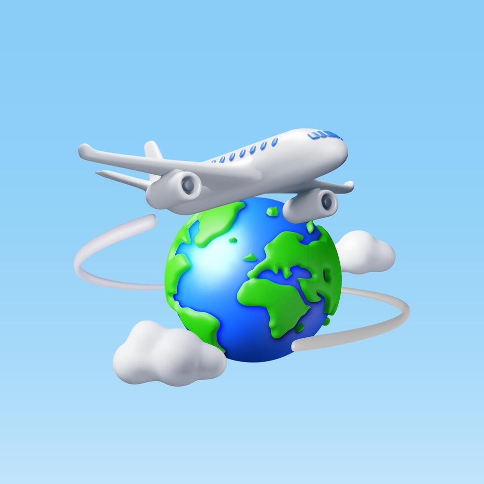 3d Flugzeug im Wolken und Globus isoliert. machen Welt Reisen durch Ebene. Welt Karte mit Flugzeug. Zeit zu Reise Konzept, Urlaub Planung. Tourist weltweit Transport. Vektor Illustration