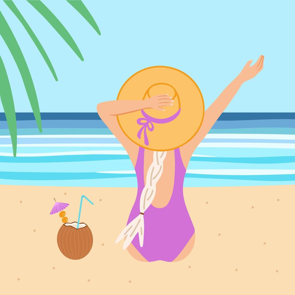 blond Mädchen im Hut auf Strand sehen auf Meer. Illustration zum Hintergründe, Abdeckungen und Verpackung. Bild können Sein benutzt zum Gruß Karten, Poster, Aufkleber und Textil. isoliert auf Weiß Hintergrund. vektor