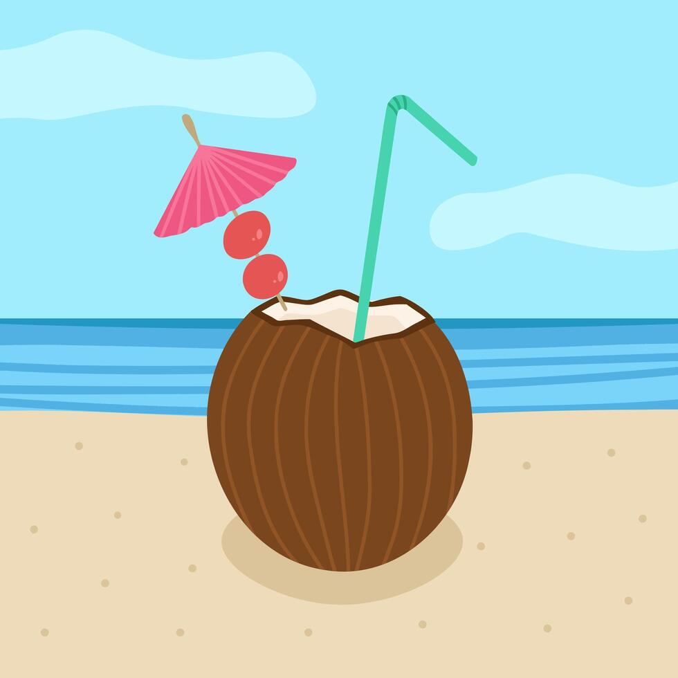 kokos cocktail på strand. illustration för utskrift, bakgrunder, omslag och förpackning. bild kan vara Begagnade för hälsning kort, affischer, klistermärken och textil. isolerat på vit bakgrund. vektor