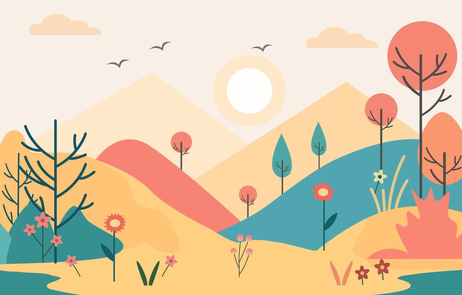 eben Design Illustration von schön Berg Landschaft mit bunt Pflanzen im Sommer- vektor