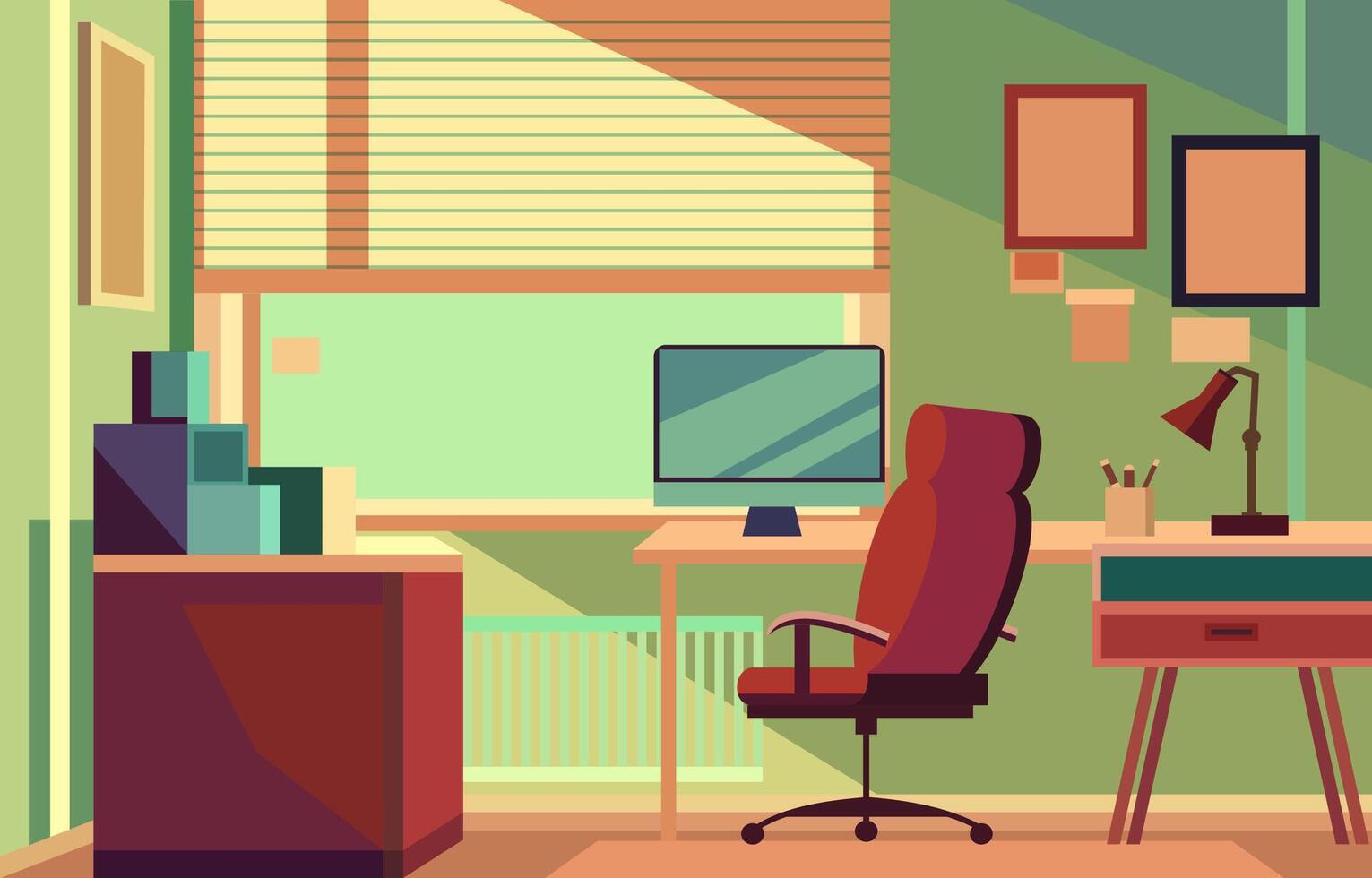 platt design illustration av färgrik kontor rum med övervaka i de arbetsyta vektor