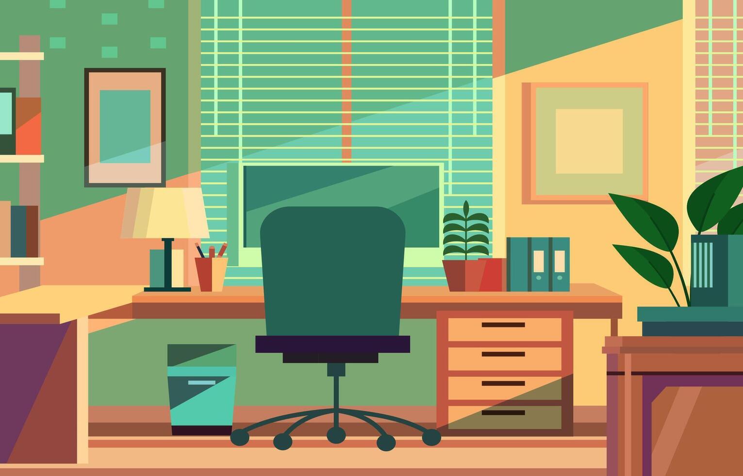 eben Design Illustration von bunt Arbeitsplatz Landschaft mit Monitor und Schreibwaren auf ein Schreibtisch vektor