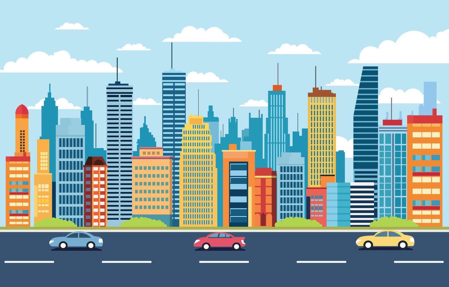 trafik väg i stad med skyskrapor byggnad platt design illustration vektor