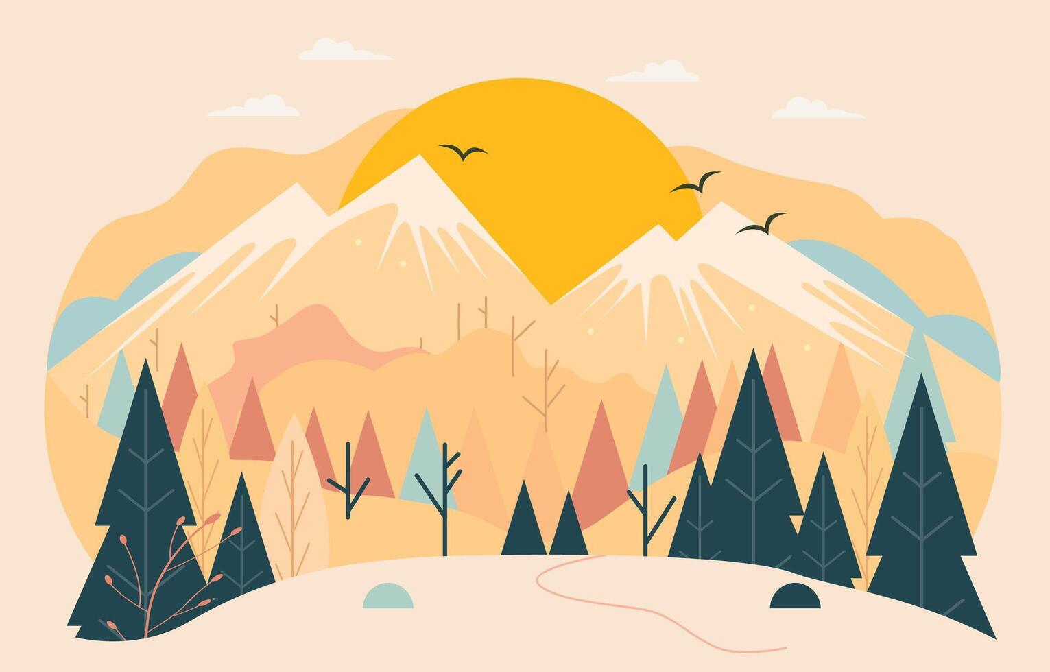 platt design illustration av berg natur se med tall träd i sommar vektor