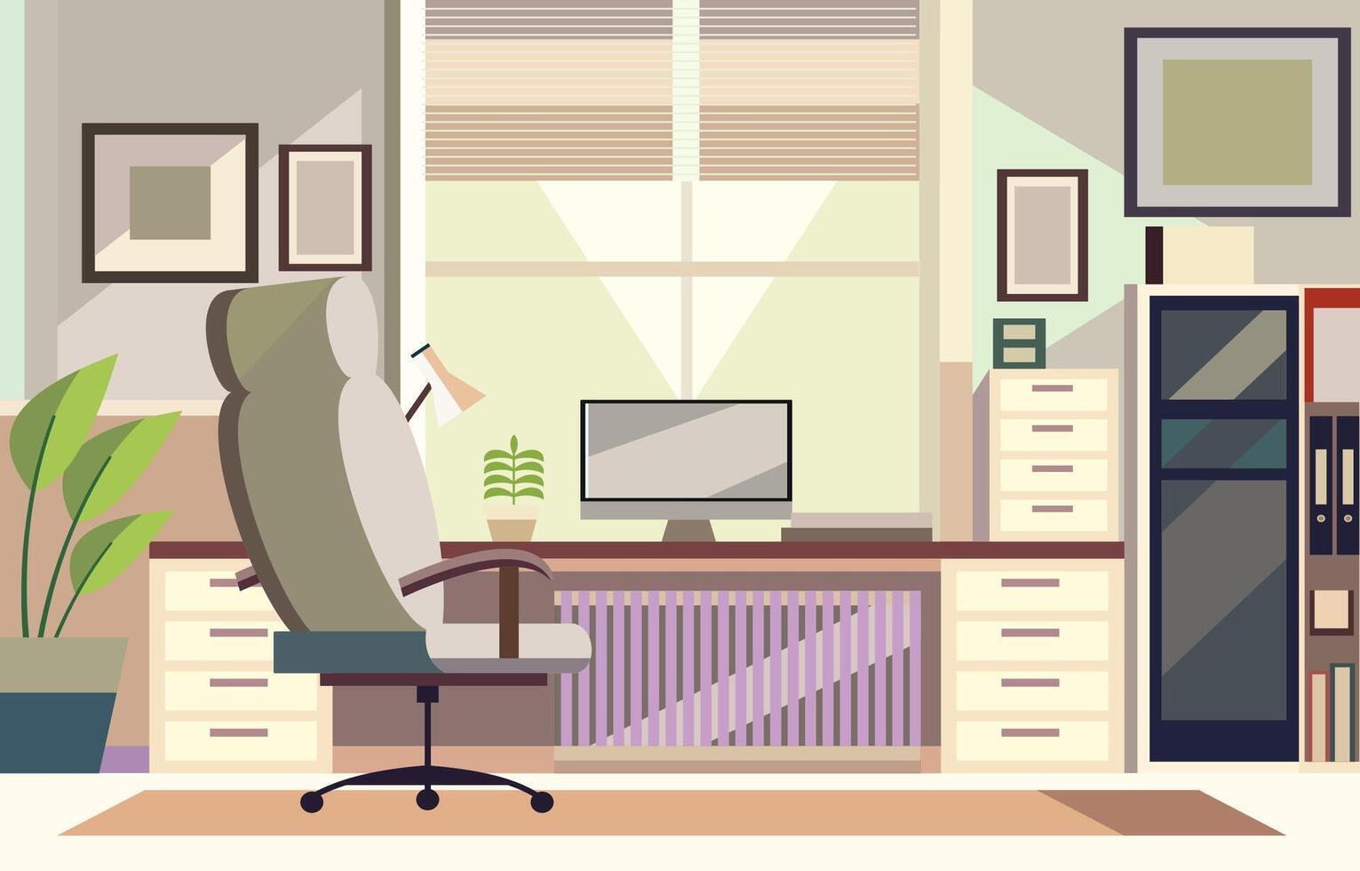 platt design illustration av modern kontor rum med övervaka och skåp i arbetsyta vektor