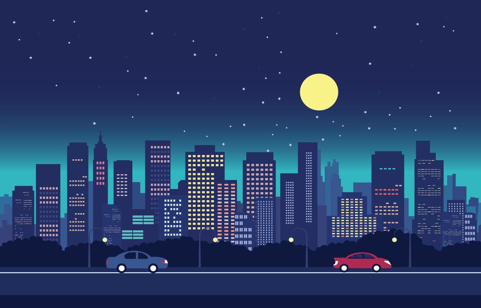 trafik väg i stad på natt med full måne platt design illustration vektor