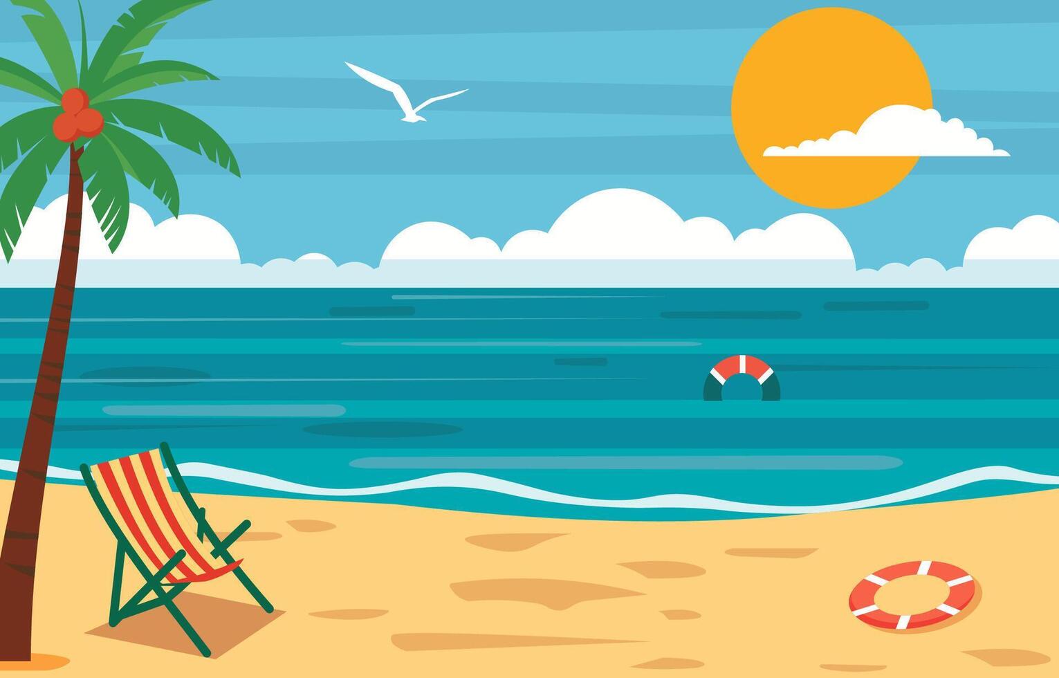 platt design av sommar i strand med handflatan träd och ljus himmel vektor