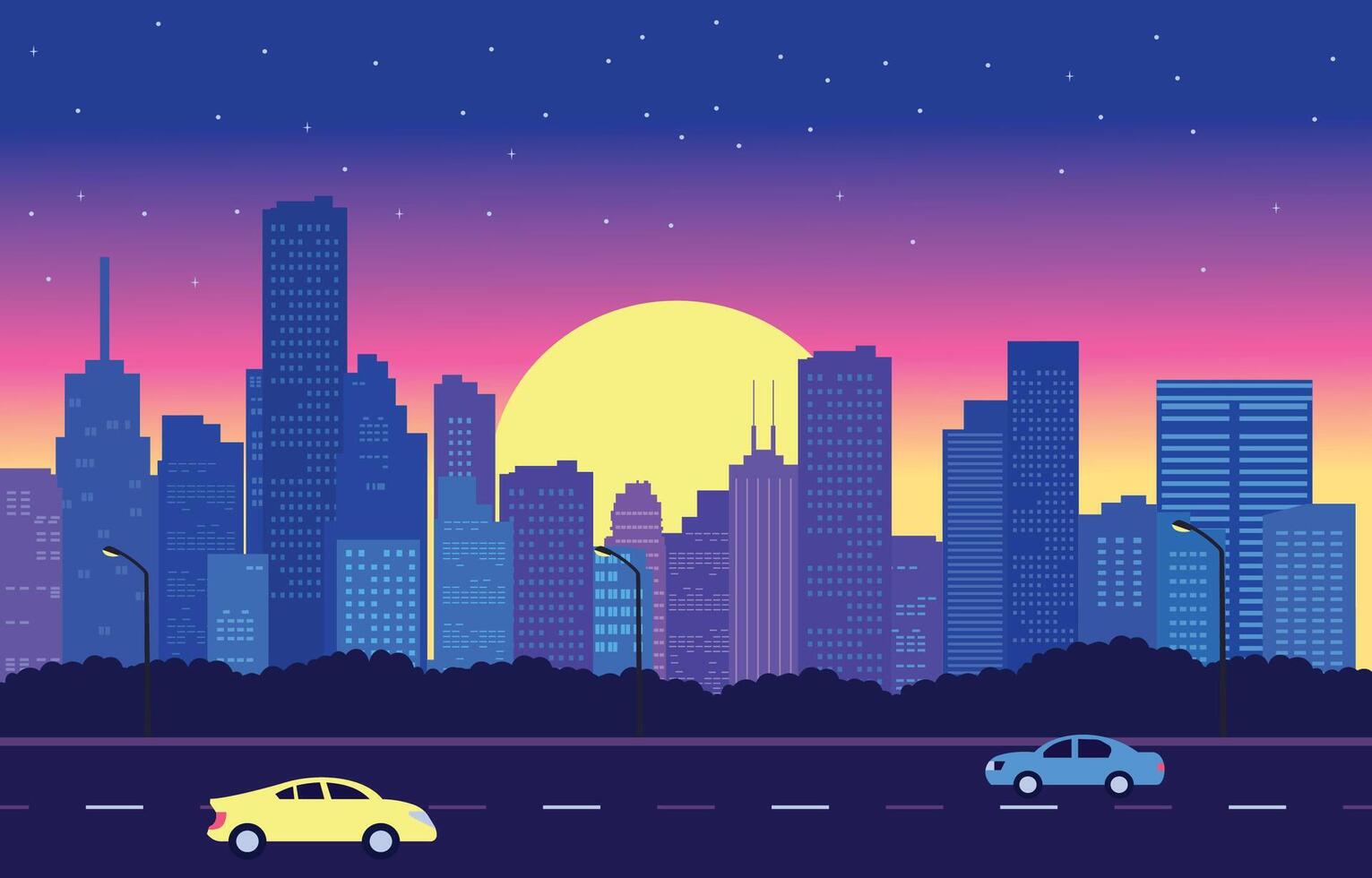 trafik väg i stad på solnedgång med stadsbild byggnad platt design illustration vektor