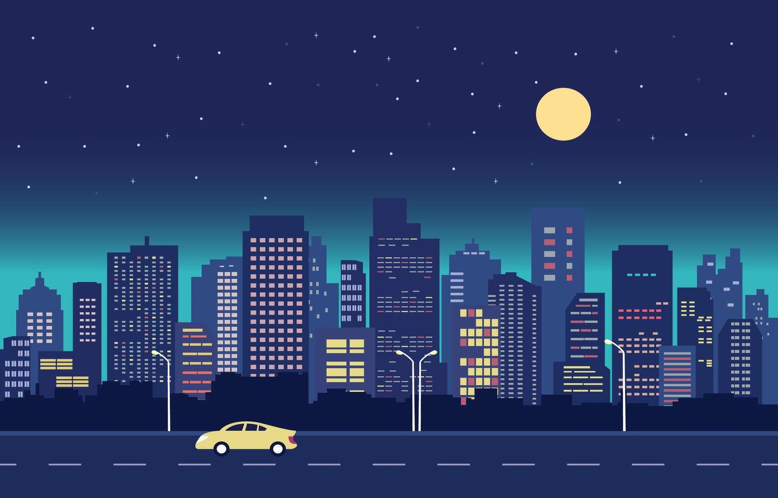 motorväg gata i stad på natt med stadsbild byggnad landskap platt design illustration.eps vektor
