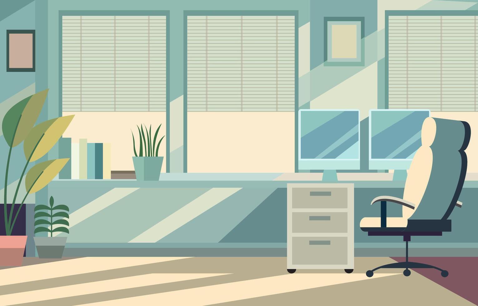 eben Design Illustration von Büro Zimmer mit groß Fenster und modern Möbel vektor