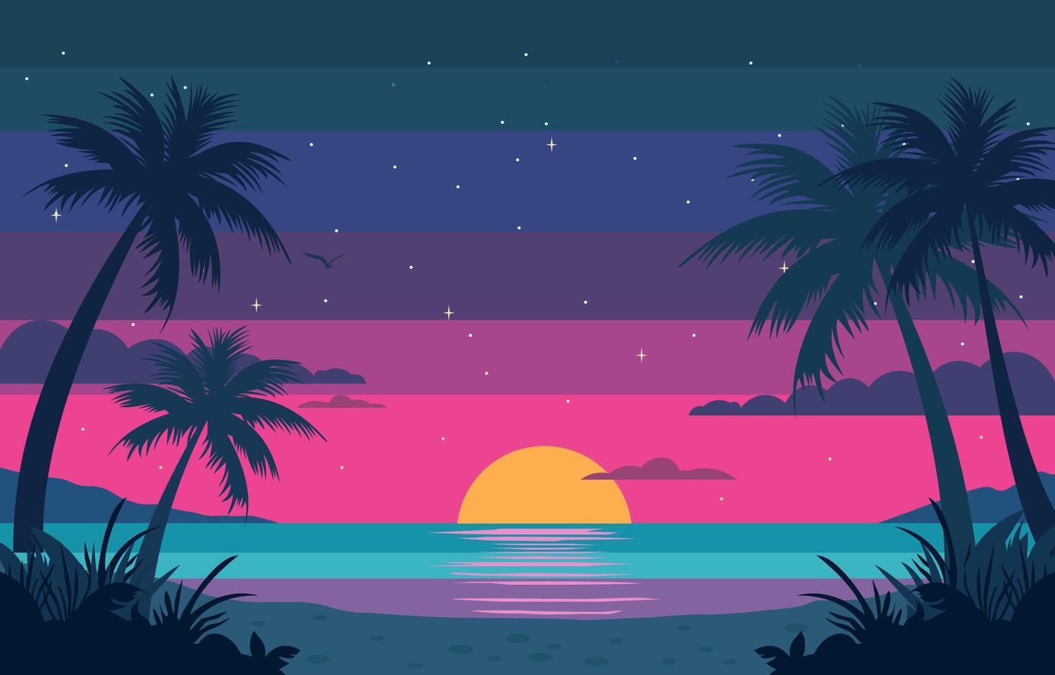 platt design av skön solnedgång på strand med färgrik natt himmel och handflatan träd vektor