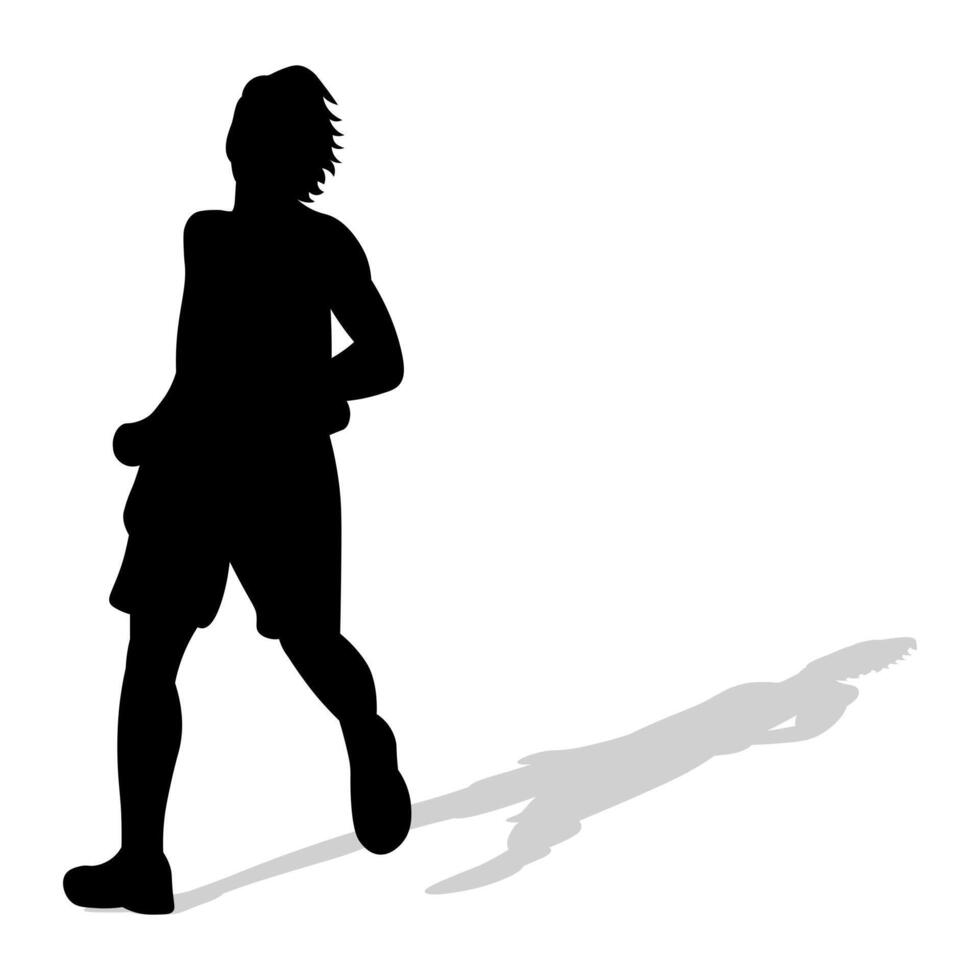 svart silhuett av ett idrottare löpare med skugga. friidrott, löpning, korsa, sprint, joggning, gående vektor