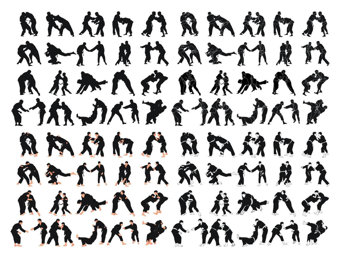 Silhouetten von 80 Sport Paare Judoka Kämpfer. Jude, Judoka, Athlet, Duell, Streit, Judo, isoliert Vektor