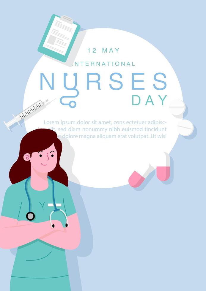 sjuksköterska i tecknad serie karaktär med lydelse av sjuksköterskor dag, exempel texter på vit baner och blå bakgrund. internationell sjuksköterska dag affisch kampanj i platt stil och vektor design.