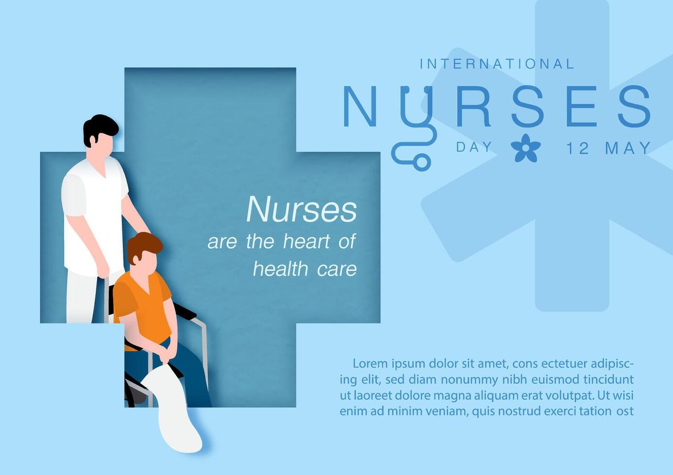 manlig sjuksköterskor tjänande patienter., tryckande en rullstol för en bruten ben patient med lydelse av sjuksköterskor dag, exempel texter på blå bakgrund. affisch kampanj av internationell sjuksköterskor dag i vektor design