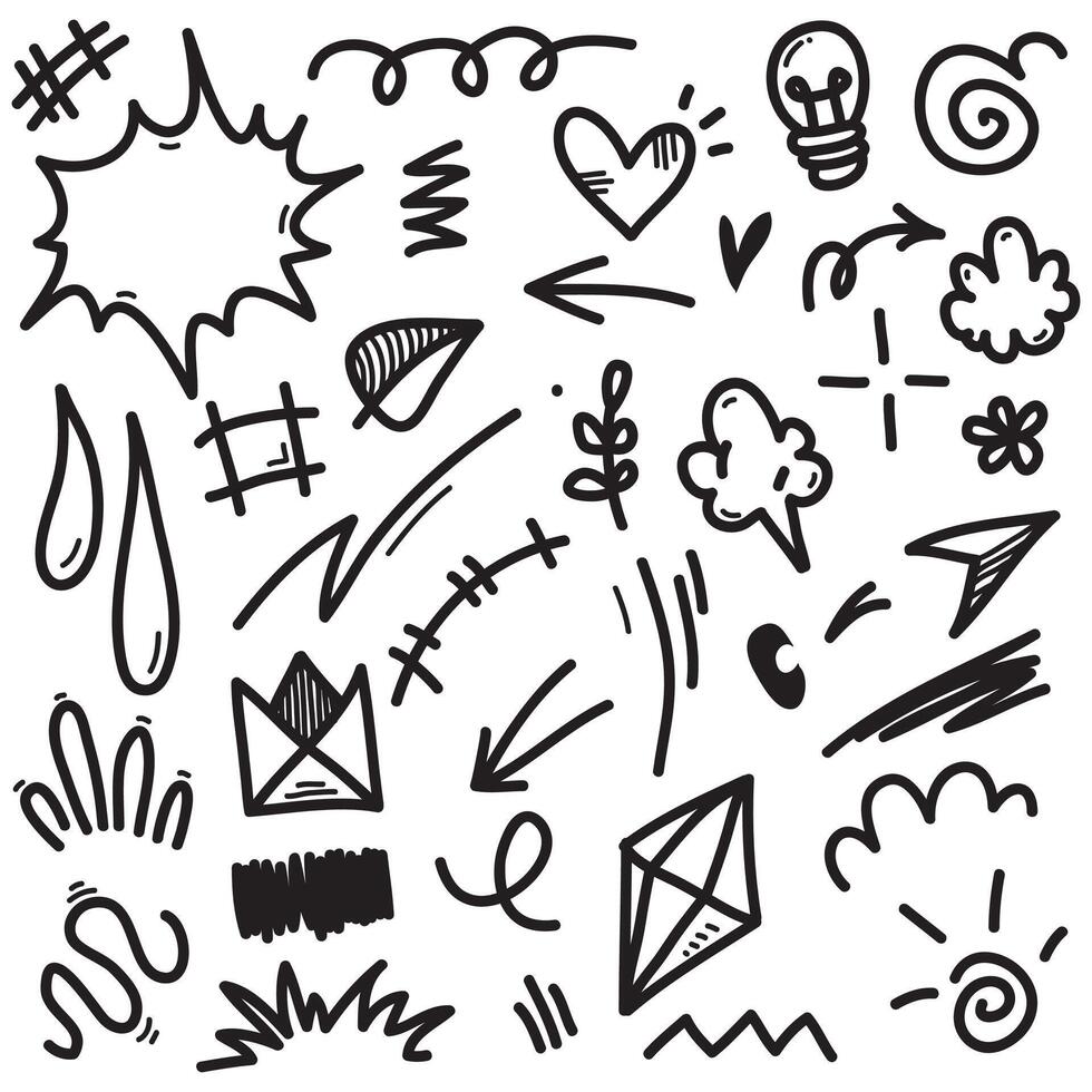 Vektorset von handgezeichneten Cartoony-Ausdruckszeichen-Doodle, Kurvenrichtungspfeilen, Emoticon-Effekt-Designelementen, Cartoon-Charakter-Emotionssymbolen, niedlichen dekorativen Pinselstrichlinien. vektor