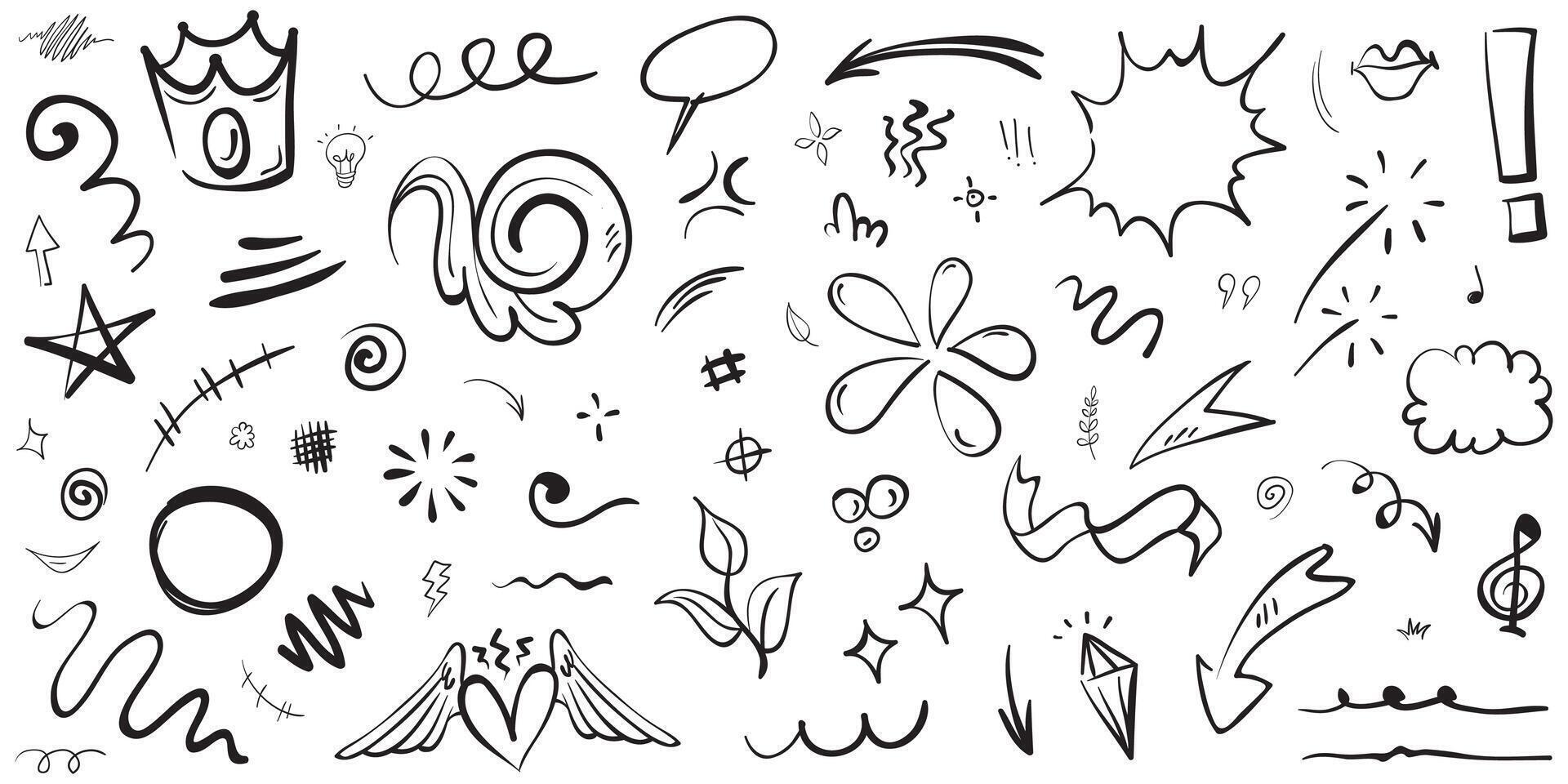Vektorset von handgezeichneten Cartoony-Ausdruckszeichen-Doodle, Kurvenrichtungspfeilen, Emoticon-Effekt-Designelementen, Cartoon-Charakter-Emotionssymbolen, niedlichen dekorativen Pinselstrichlinien. vektor
