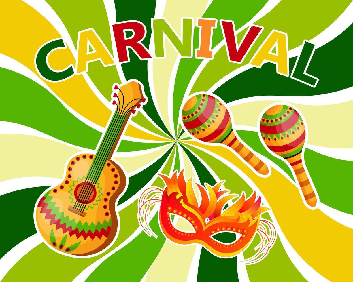 bunt Karneval Masken, Gitarre, Maracas und Text Karneval auf ein bunt wellig Hintergrund. Banner, Poster, Vektor