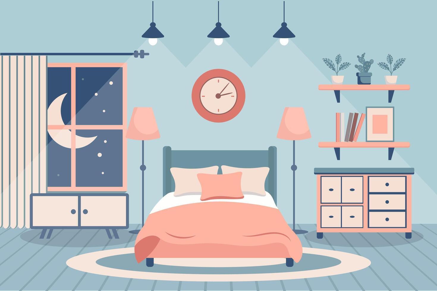 gemütlich Schlafzimmer. Schlafzimmer Innere Bett mit Kissen, Teppich, Bett Tische, Kleiderschrank, Fenster. Innere Konzept. eben Illustration. Vektor