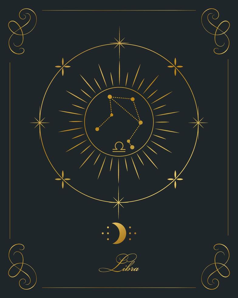 magisches astrologieplakat mit waagekonstellation, tarotkarte. goldenes Design auf schwarzem Hintergrund. vertikale Abbildung, Vektor