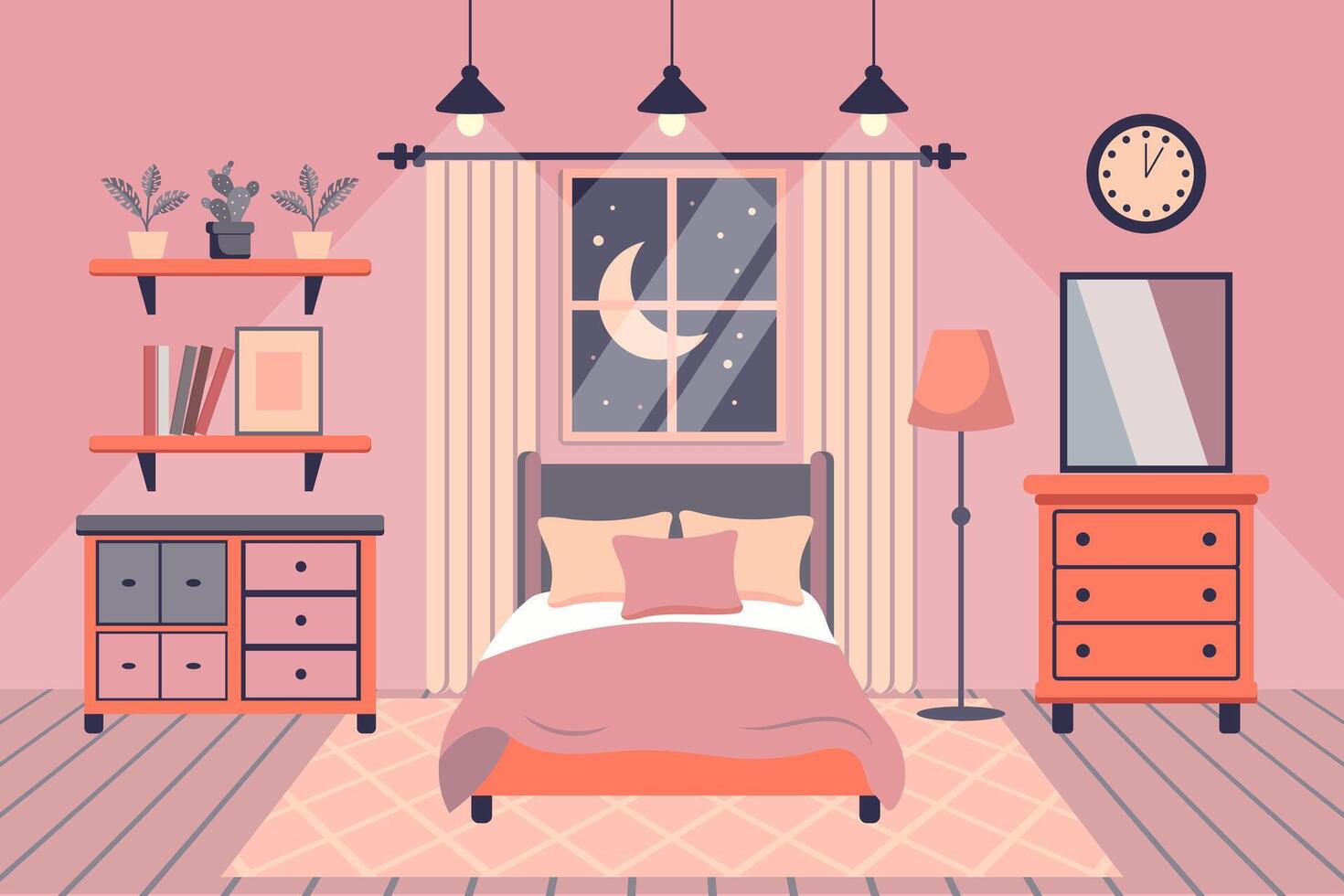 mysigt sovrum. sovrum interiör säng med kuddar, matta, bedside bord, garderob, fönster. platt illustration. vektor