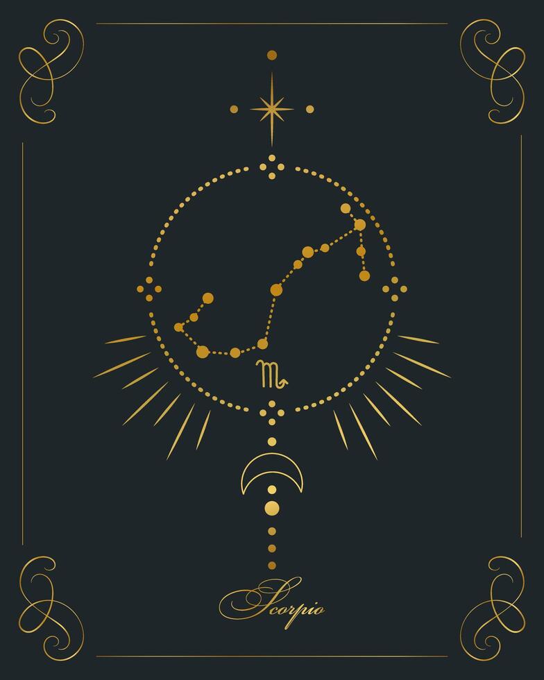 magi astrologi affisch med scorpio konstellation, tarot kort. gyllene design på en svart bakgrund. vertikal illustration, vektor