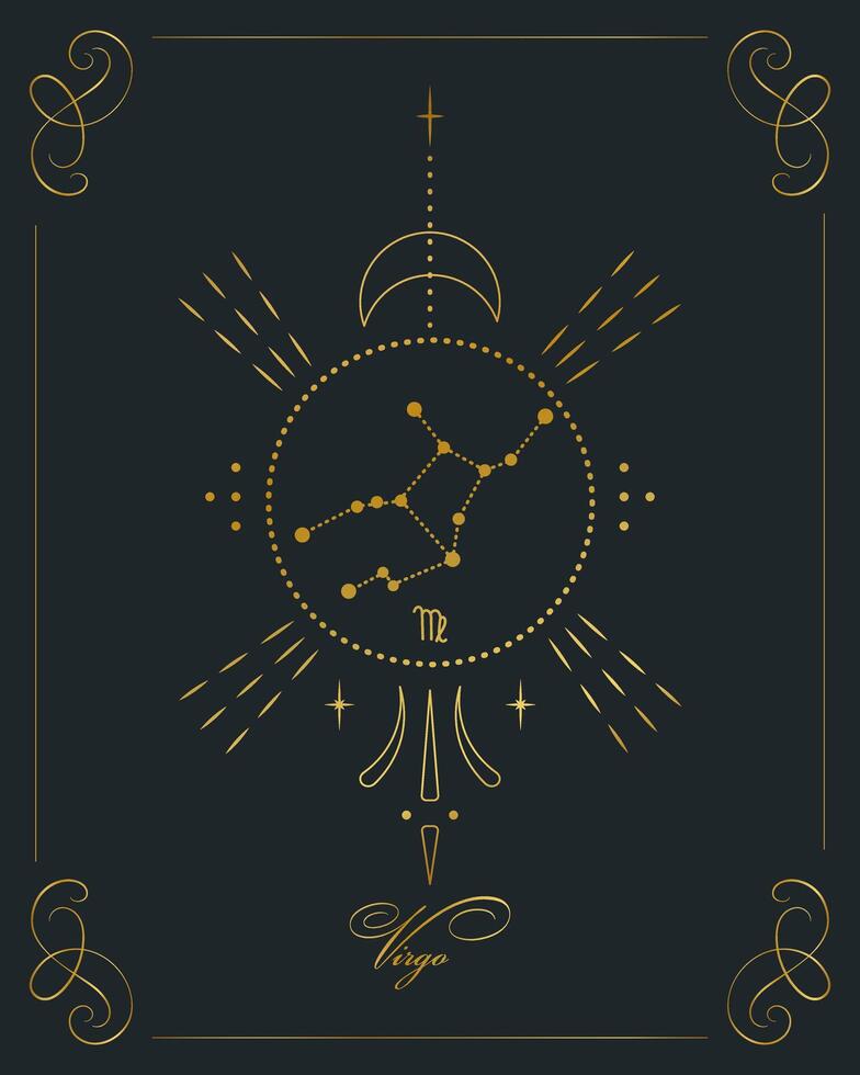 magisches astrologieplakat mit jungfraukonstellation, tarotkarte. goldenes Design auf schwarzem Hintergrund. vertikale Abbildung, Vektor