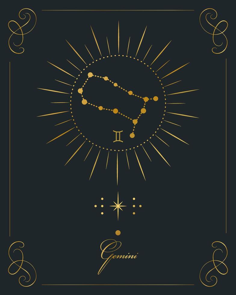 magi astrologi affisch med gemini konstellation, tarot kort. gyllene design på en svart bakgrund. vertikal illustration, vektor