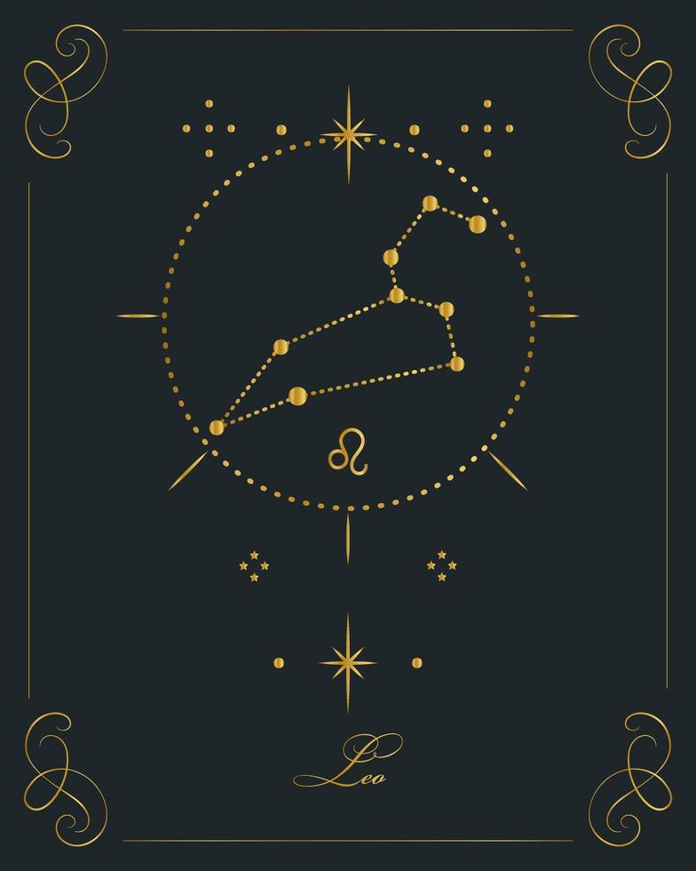 magi astrologi affisch med leo konstellation, tarot kort. gyllene design på en svart bakgrund. vertikal illustration, vektor