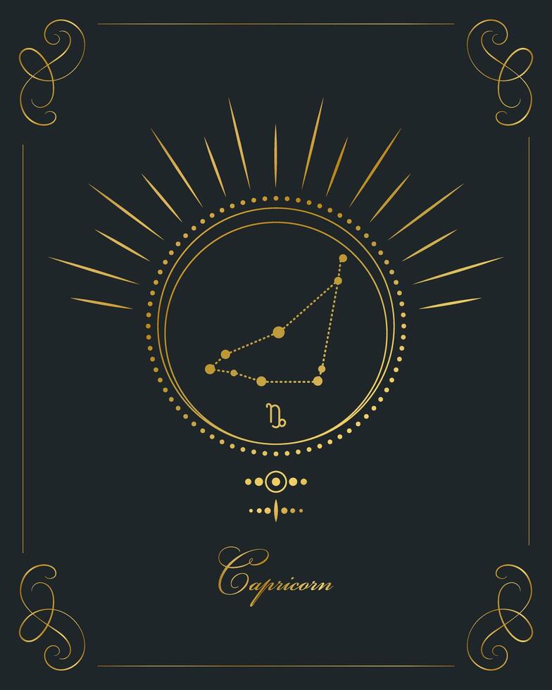 magisk astrologi affisch med capricorn konstellation, tarot kort. gyllene design på en svart bakgrund. vertikal illustration, vektor