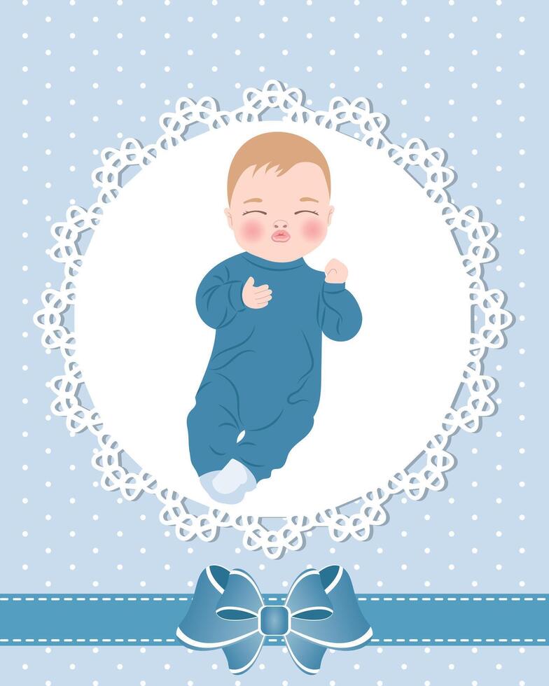 bebis kort med söt bebis pojke och spets mönster med rosett. design för nyfödda. illustration, hälsning kort, vektor. vektor
