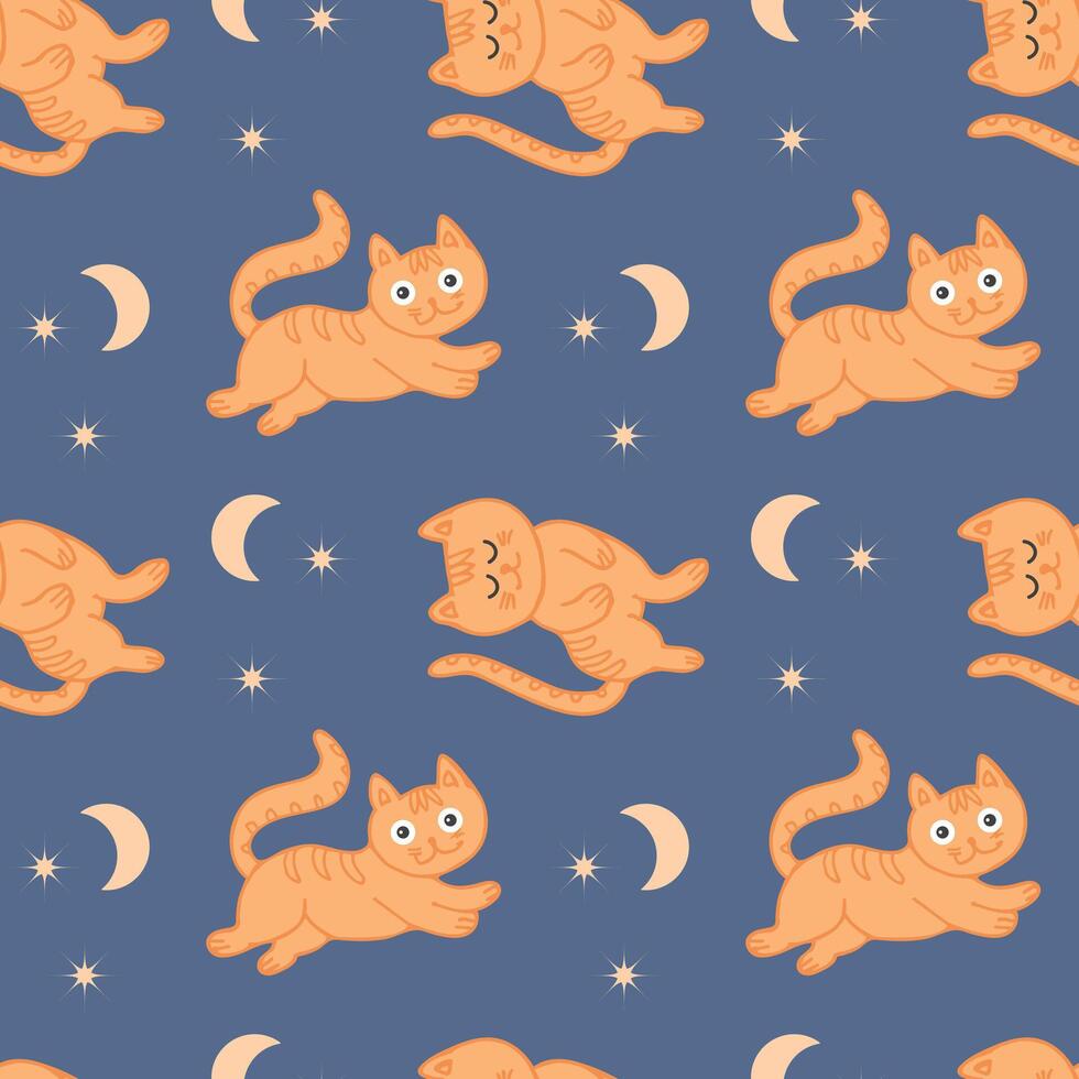 sömlös mönster, rolig kattungar på de bakgrund av de natt himmel med de måne och stjärnor. barns textil, skriva ut, vektor. vektor