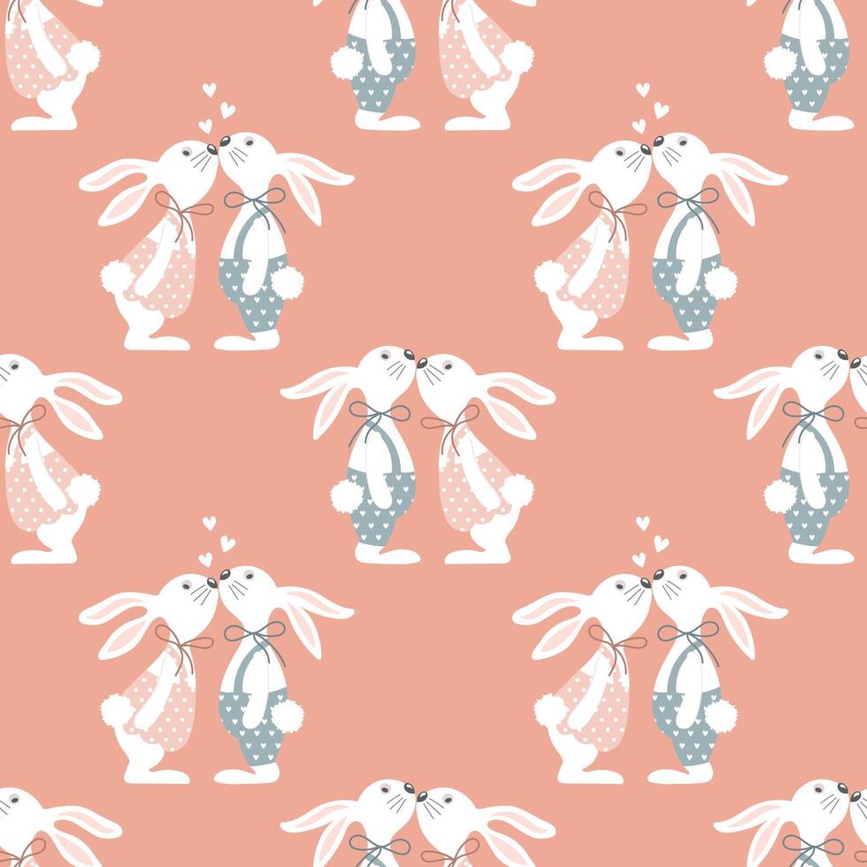 nahtlos Muster, ein Paar von süß Kaninchen im Liebe küssen. Illustration zum Kinder, Urlaub Hintergrund. Vektor