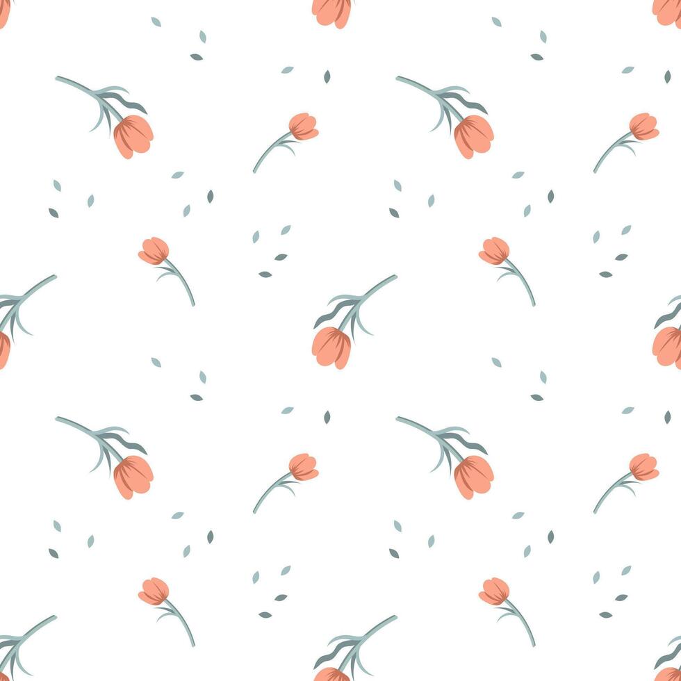 sömlös mönster, små tulpan knoppar och spridd löv på en vit bakgrund. textil, bakgrund, vektor