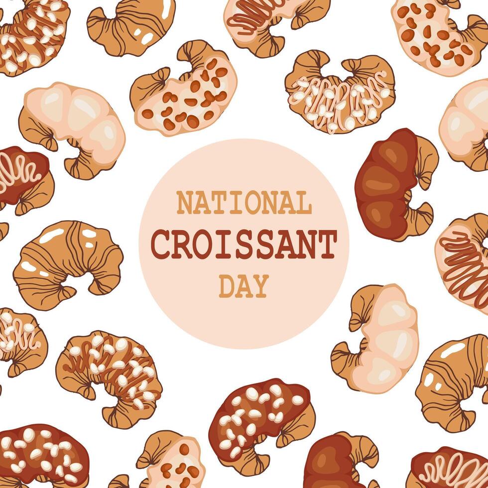 nationell croissant dag, festlig bakgrund från annorlunda färgrik franska croissanter. baner, affisch, vektor