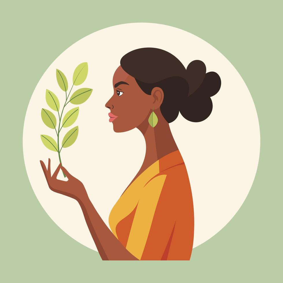 kvinna innehav träd gren, mental hälsa, själv vård, trädgårdsarbete eller miljö- begrepp. illustration. vektor