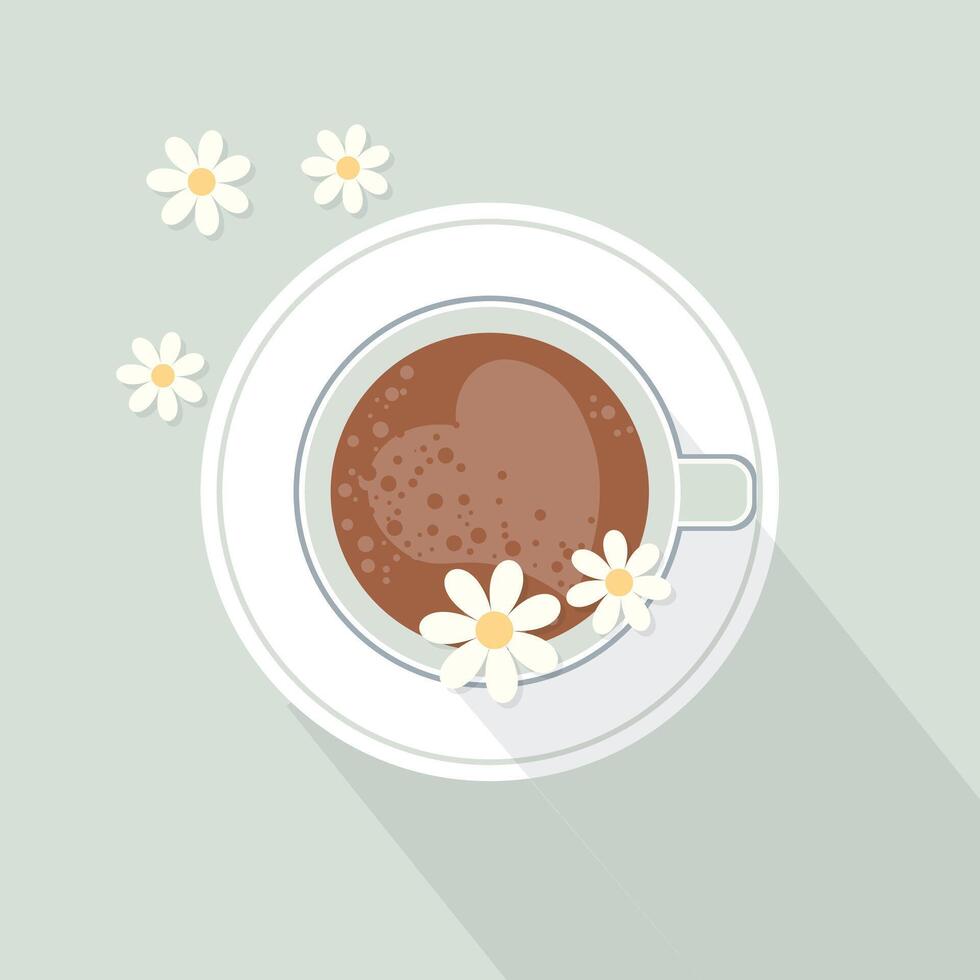 Kaffee Tasse auf ein Untertasse und Kamille Blumen, oben Sicht. Illustration, drucken, Vektor