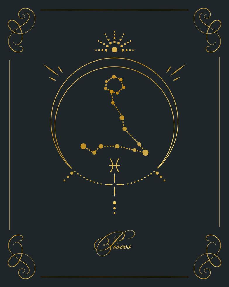 magi astrologi affisch med pisces konstellation, tarot kort. gyllene design på en svart bakgrund. vertikal illustration, vektor