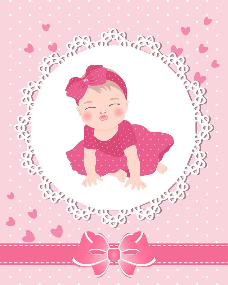 Kindergrußkarte mit einem süßen Babymädchen auf einer Spitzenschablone mit Schleife und Herzen. neugeborenes design, vektor. vektor