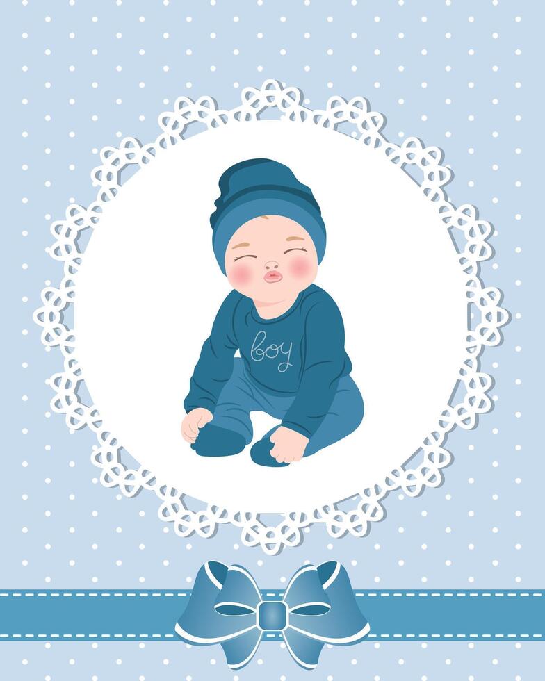 babykarte mit niedlichem baby und spitzenmuster mit schleife. Design für Neugeborene. Illustration, Grußkarte, Vektor. vektor