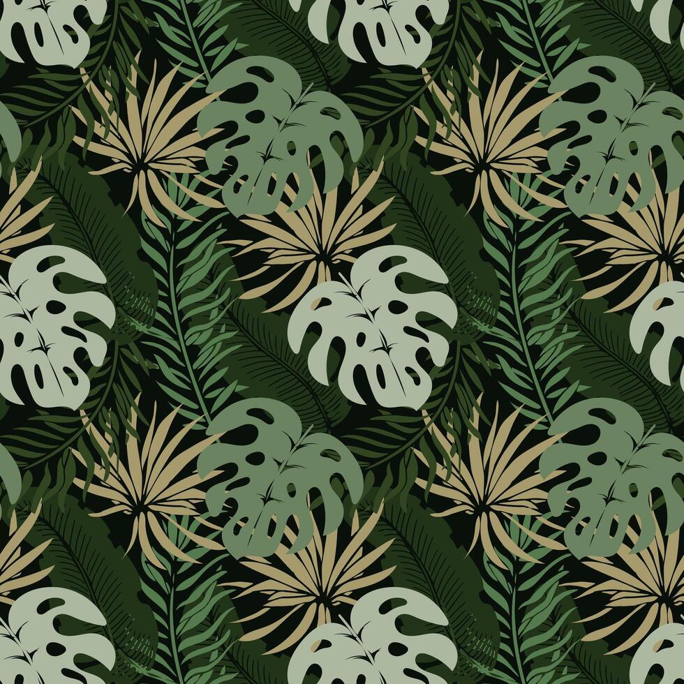 Nahtloses Muster, Dschungel, bunte tropische Blätter auf dunklem Hintergrund. Druck, Hintergrund, Textil, Tapete, Vektor