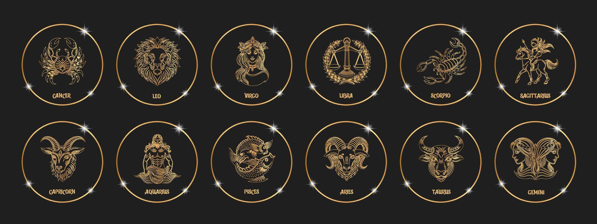 uppsättning av astrologi zodiaken tecken, mystisk runda ikoner. guld översikt design. esoterisk symboler för logotyp eller ikoner. vektor