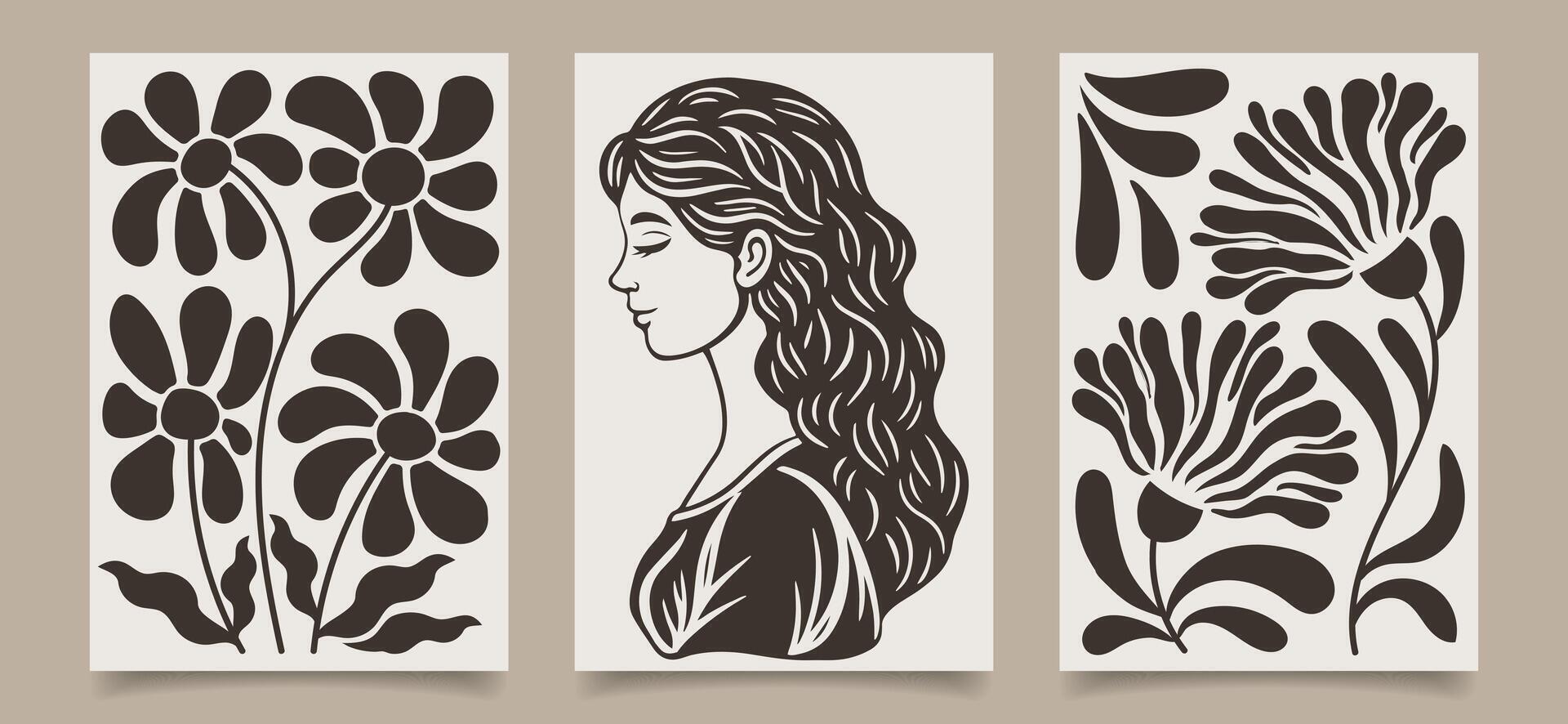 ein einstellen von Plakate mit ein Silhouette von ein Frau, Blumen und Pflanzen. modern Wandteppiche im Boho Stil. retro botanisch drucken. Vektor