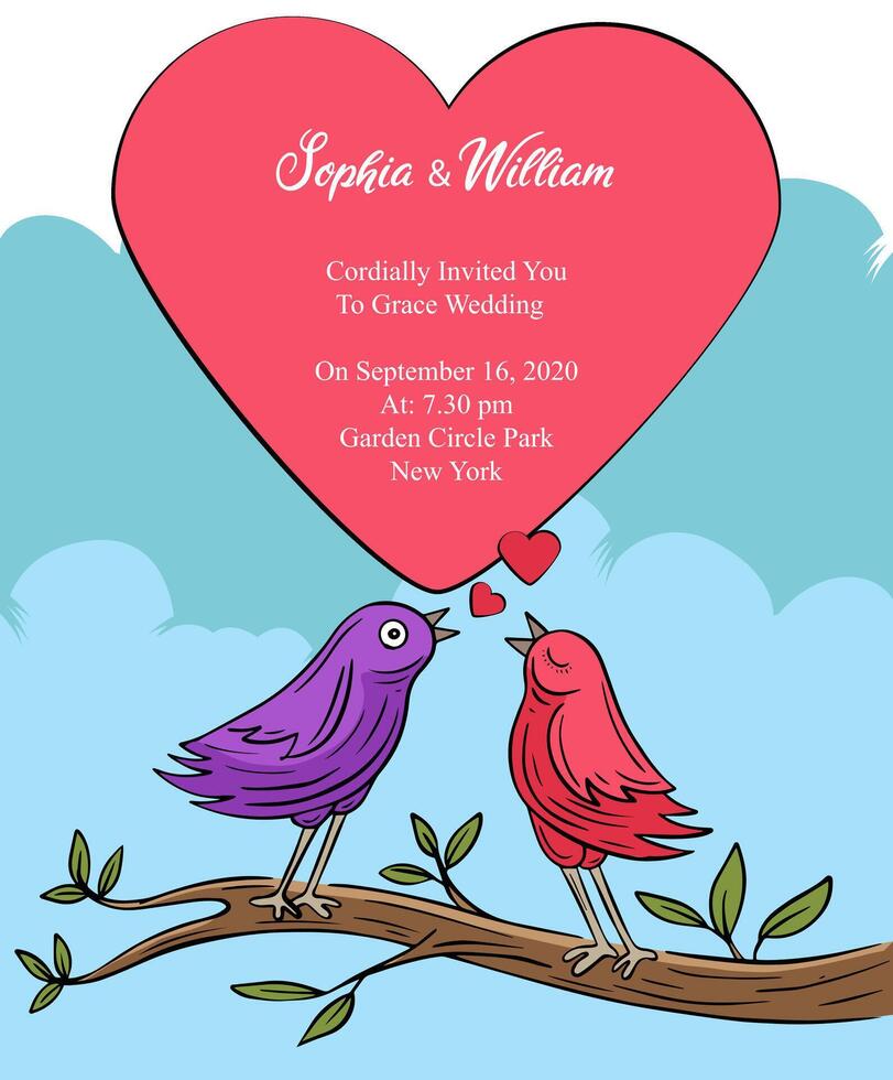 Hand gezeichnet Hochzeit Karte Vorlage mit Vögel farbig Vektor