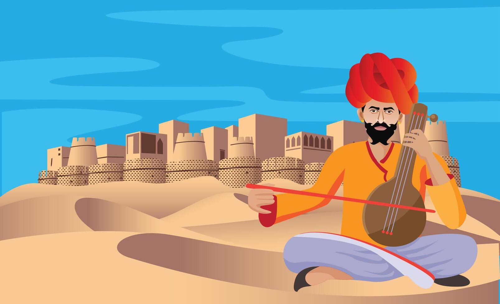 kulturell Rajasthani Volk Musiker spielen Musik- Instrument im Wüste , Fort im Hintergrund Vektor Illustration