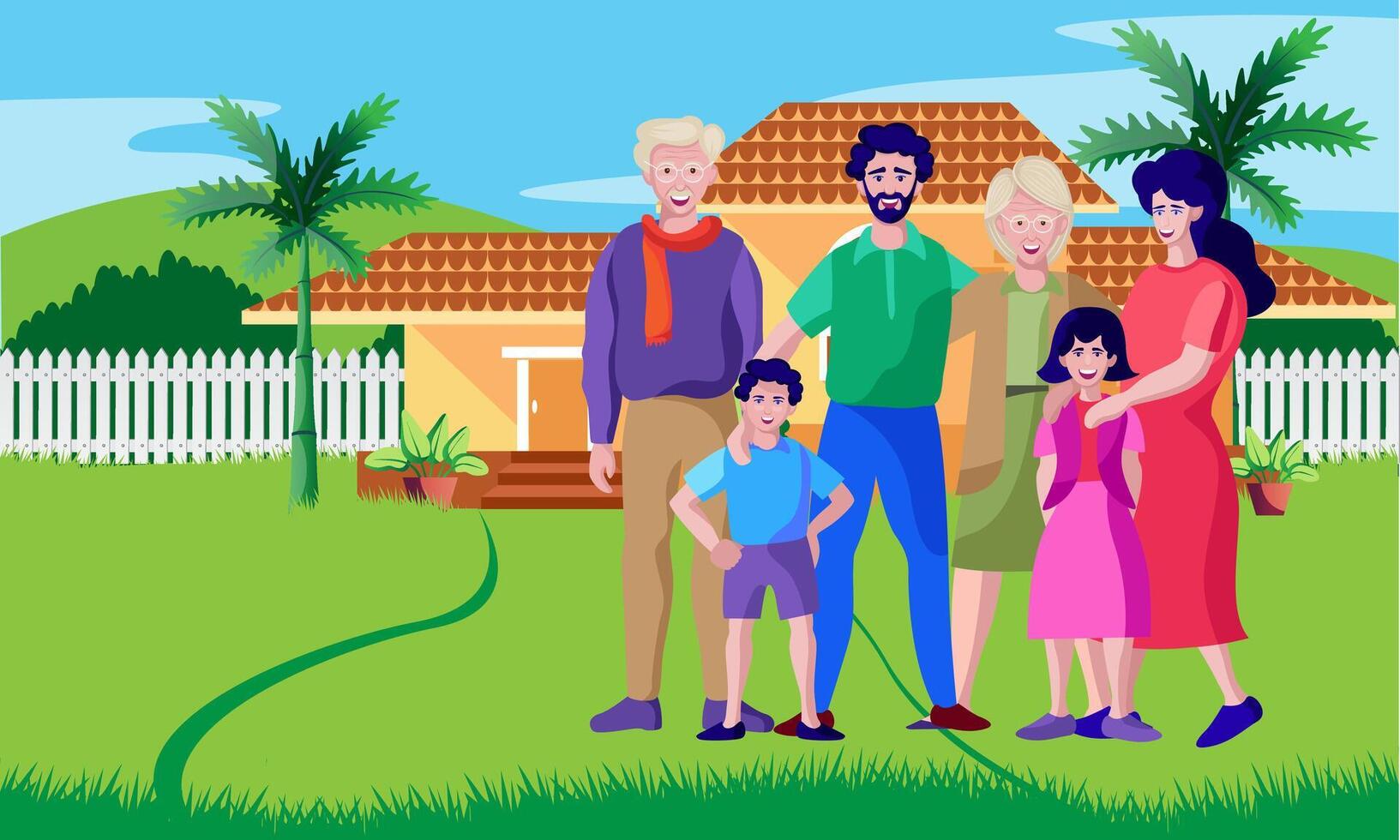 glücklich Familie Stehen im Vorderseite von Zuhause mit Freude vektor