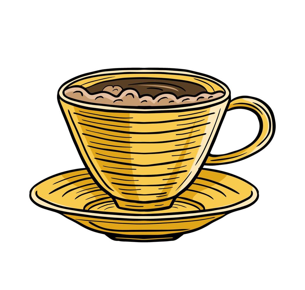 kopp av varm dryck te eller kaffe hand dragen graverat skiss teckning vektor